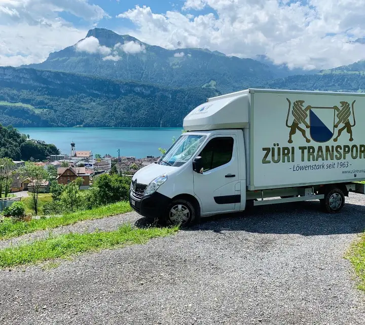 Umzugswagen von Züri Transport über dem See mit Bergpanorama