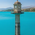 watchtower, lake, turquoise blue water